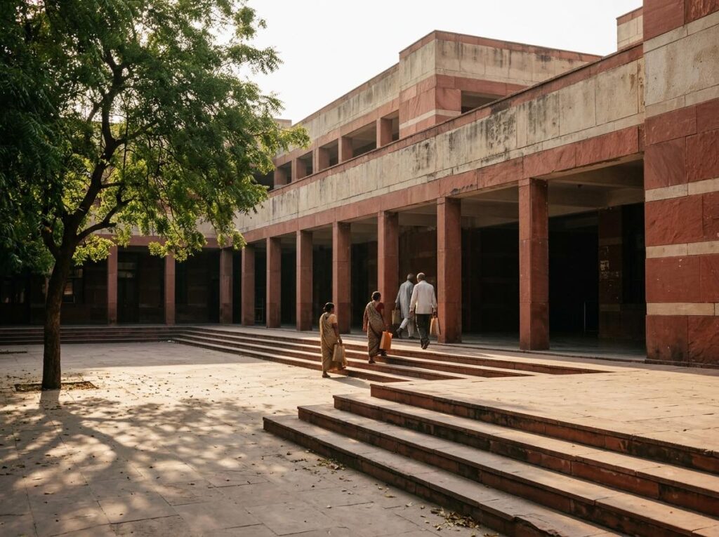 People walking up the steps of a red sandstone government court complex in Delhi, late afternoon