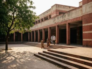 People walking up the steps of a red sandstone government court complex in Delhi, late afternoon