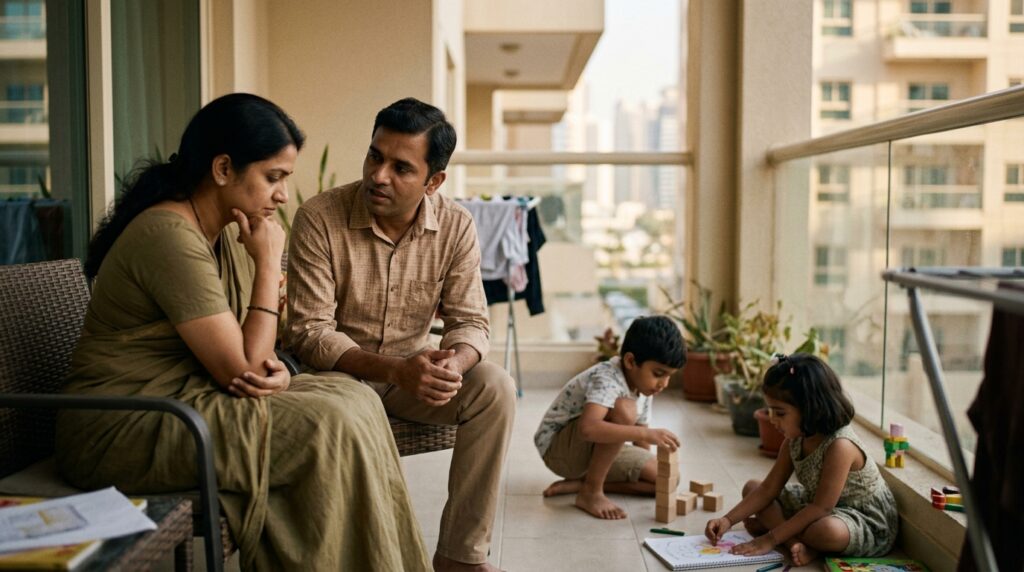 An Indian couple watching their two young children play on a sunlit apartment balcony in Dubai, deep in quiet conversation