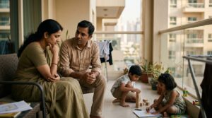 An Indian couple watching their two young children play on a sunlit apartment balcony in Dubai, deep in quiet conversation