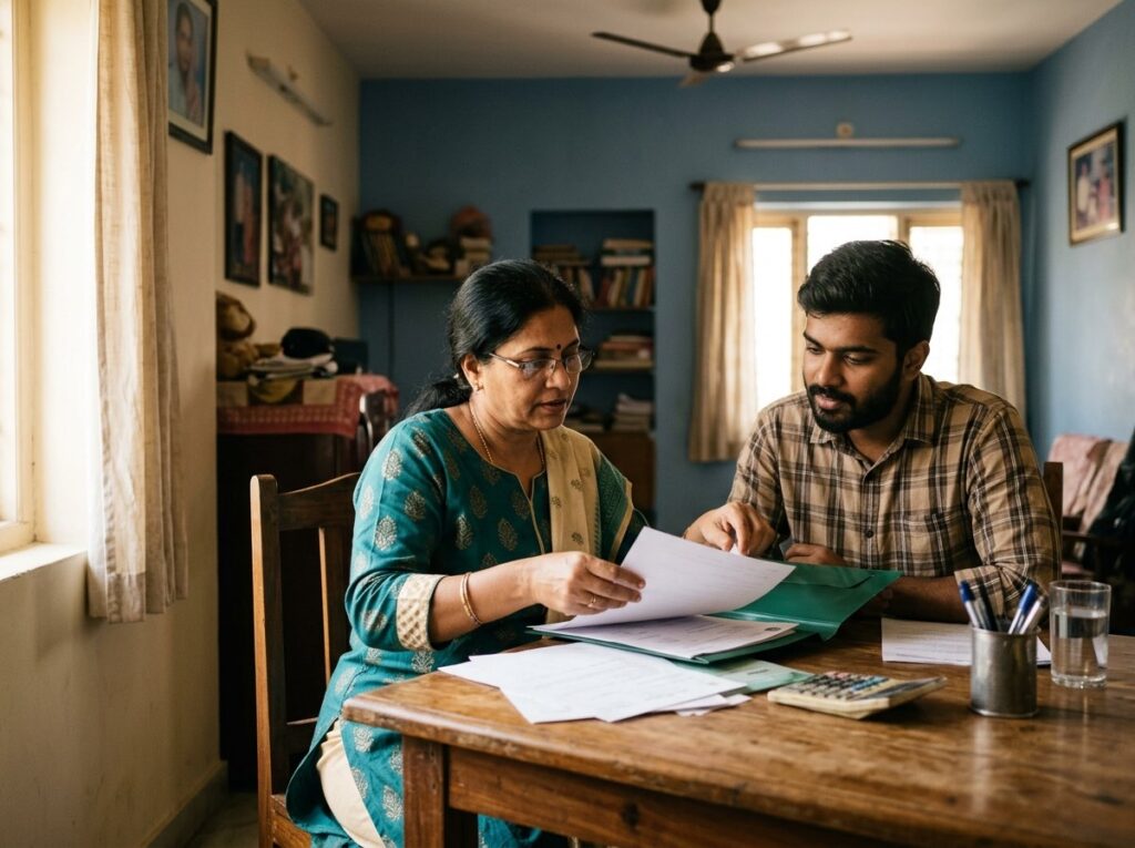 A mother and her adult son sorting family documents at a table in a Hyderabad home