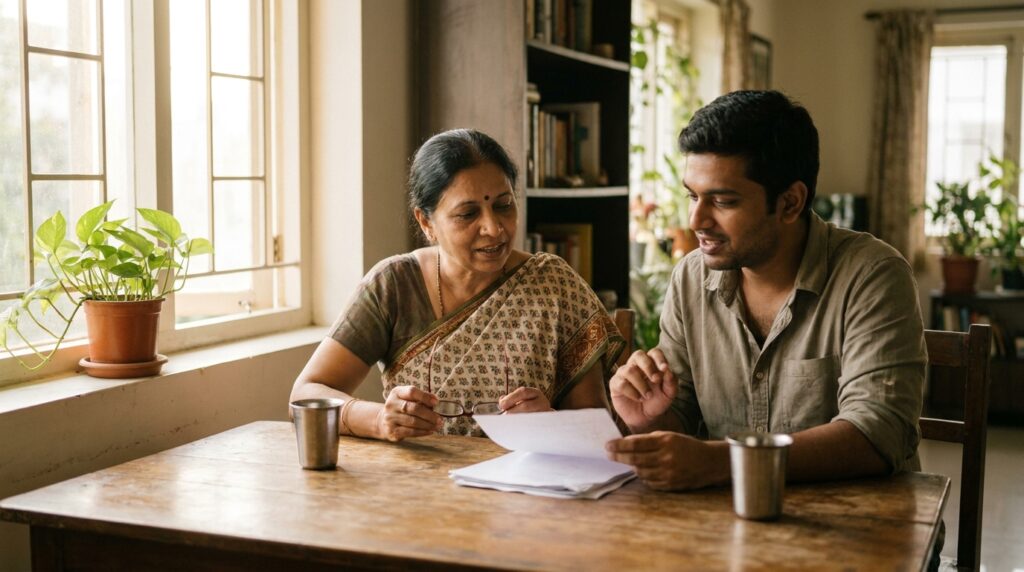 A mother and her adult son going through family papers together at a dining table in Bengaluru