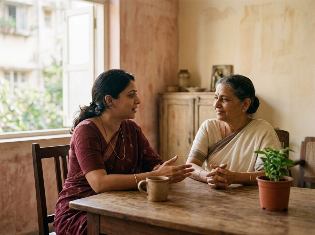 A daughter and her mother talking across a wooden table in a Mumbai apartment, morning light from the window