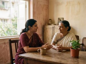A daughter and her mother talking across a wooden table in a Mumbai apartment, morning light from the window