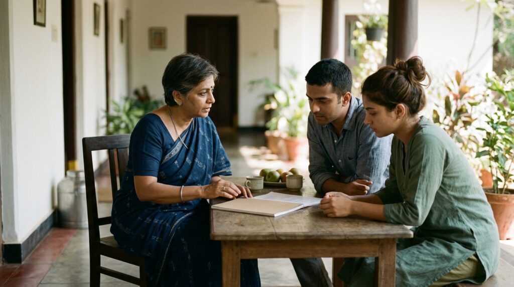 An Indian woman in her late 50s, visiting her ancestral home in India, quietly converses with her adult niece and nephew on a shaded verandah at mid-morning
