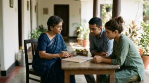 An Indian woman in her late 50s, visiting her ancestral home in India, quietly converses with her adult niece and nephew on a shaded verandah at mid-morning