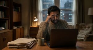 An Indian man abroad working late at a desk with documents from India and a laptop