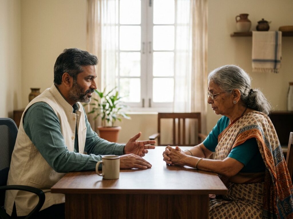 An adviser explaining a succession certificate to an older woman across a desk