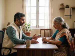 An adviser explaining a succession certificate to an older woman across a desk