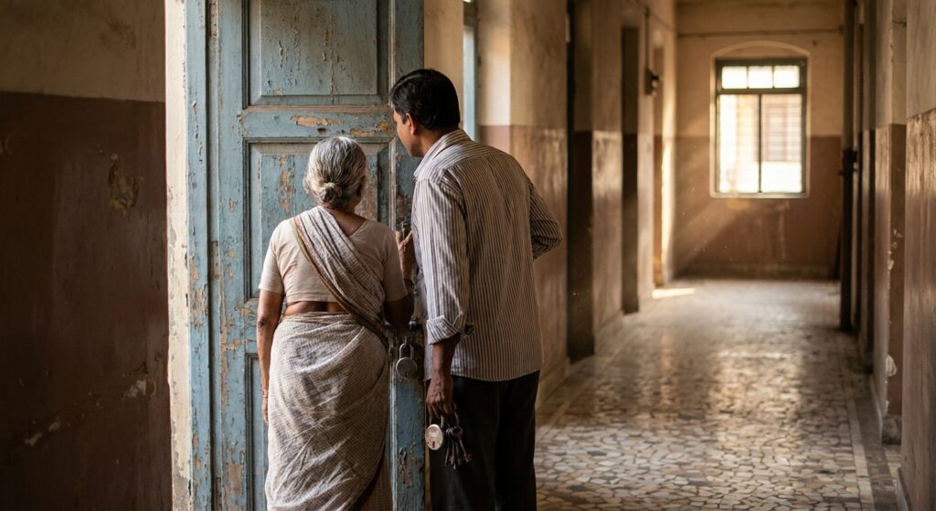 An elderly woman and a young man at the doorway of a closed ancestral apartment in India