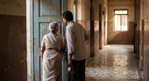 An elderly woman and a young man at the doorway of a closed ancestral apartment in India