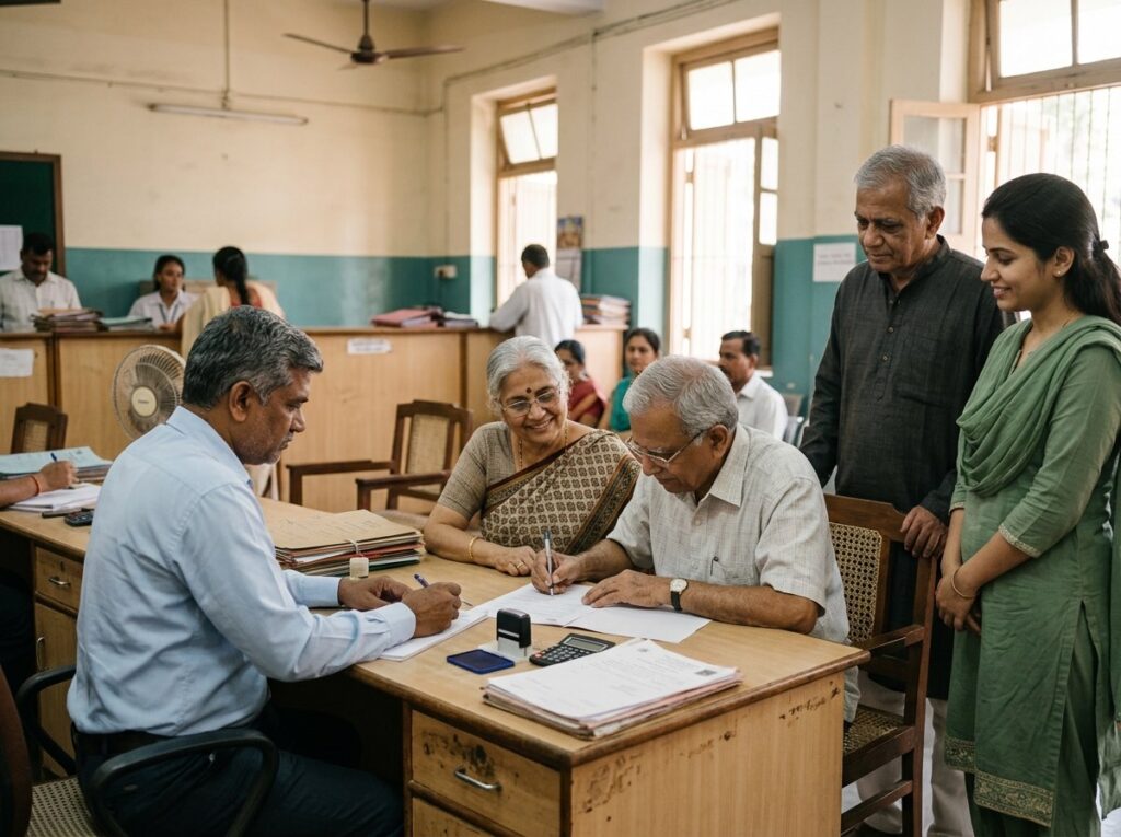An older couple registering a will at a Mumbai sub registrar office with two witnesses