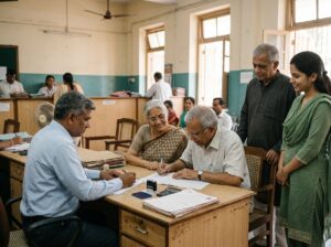 An older couple registering a will at a Mumbai sub registrar office with two witnesses