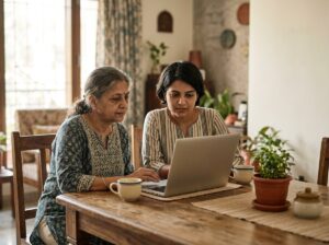 A mother and her adult daughter booking a will registration appointment on a laptop at home