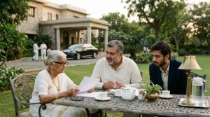 Three generations of a business family at a garden table on their farmhouse estate, the grandmother reading the family trust deed