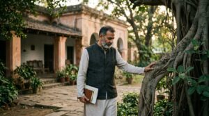 An Indian professional living abroad, standing in the garden of the ancestral home in India, in early evening light