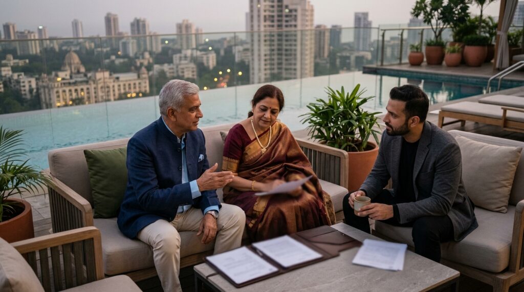 A business promoter in their sixties, their spouse, and their adult son are seated on a modern outdoor lounge on the terrace of their contemporary home, overlooking an infinity pool and city lights beginning to glimmer at dusk, engaged in quiet conversation