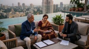 A business promoter in their sixties, their spouse, and their adult son are seated on a modern outdoor lounge on the terrace of their contemporary home, overlooking an infinity pool and city lights beginning to glimmer at dusk, engaged in quiet conversation
