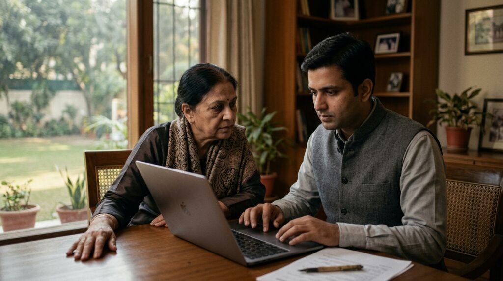 A South Delhi family, the mother in a silk suit and pashmina and her son in a Nehru jacket, seated at a desk in the drawing room of a white kothi with a lawn beyond, in winter light, the son completing an online application on a laptop
