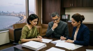 A glamorous mother with a sleek bob and diamonds, a slightly portly father in a bandhgala and designer glasses, and their corporate daughter-in-law, seated together in a smart South Mumbai office with the Marine Drive curve in the window, reviewing a will before registering it