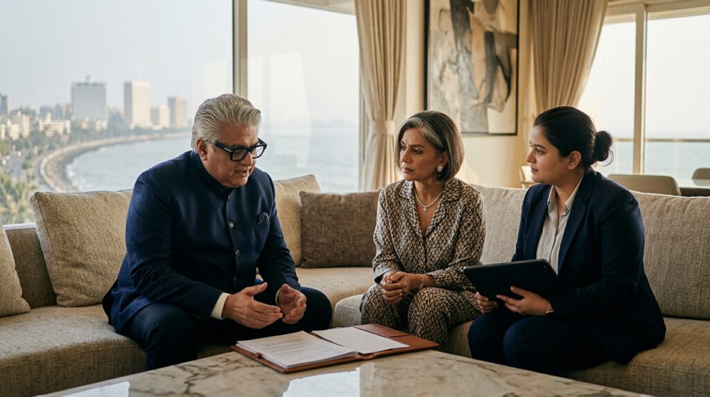 A Mumbai family in their sea facing penthouse with the signed will on the table, the Marine Drive curve through the window