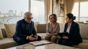 A Mumbai family in their sea facing penthouse with the signed will on the table, the Marine Drive curve through the window