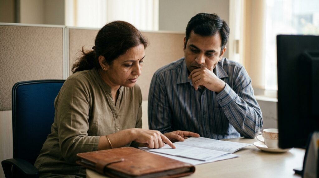 A married daughter and her adult brother are quietly seated in a bank consultation cubicle, thoughtfully reviewing a statement of accounts related to an inherited property in the late morning light