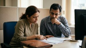 A married daughter and her adult brother are quietly seated in a bank consultation cubicle, thoughtfully reviewing a statement of accounts related to an inherited property in the late morning light