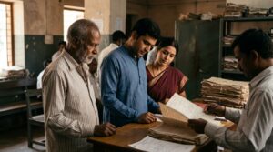 An elderly Indian man, his adult son, and daughter-in-law are standing at a functional counter inside a sub-registrar's office, quietly observing a clerk process documents under warm mid-afternoon light