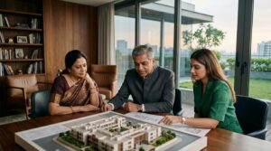 A wealthy Indian founder in his sixties, his wife, and their adult daughter are quietly gathered around a bespoke table in a sunlit private study, contemplating an architectural model of a future family project