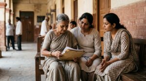 An elderly mother and her two adult daughters are patiently seated on a wooden bench in a sunlit corridor of a district court, quietly discussing a folder of documents in the late morning light