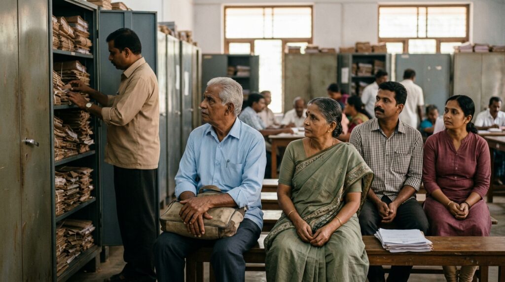 An elderly Indian couple, their adult son, and his wife are quietly seated on a bench in a government records office, patiently observing an official locate a file in a row of tall cabinets under bright midday light