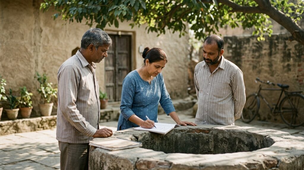 Three adult cousins are quietly gathered around a simple well in the sun-dappled courtyard of an old family house, one sketching a simple diagram on a notebook as the others observe, thoughtfully considering shared property lines in the early afternoon