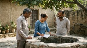Three adult cousins are quietly gathered around a simple well in the sun-dappled courtyard of an old family house, one sketching a simple diagram on a notebook as the others observe, thoughtfully considering shared property lines in the early afternoon