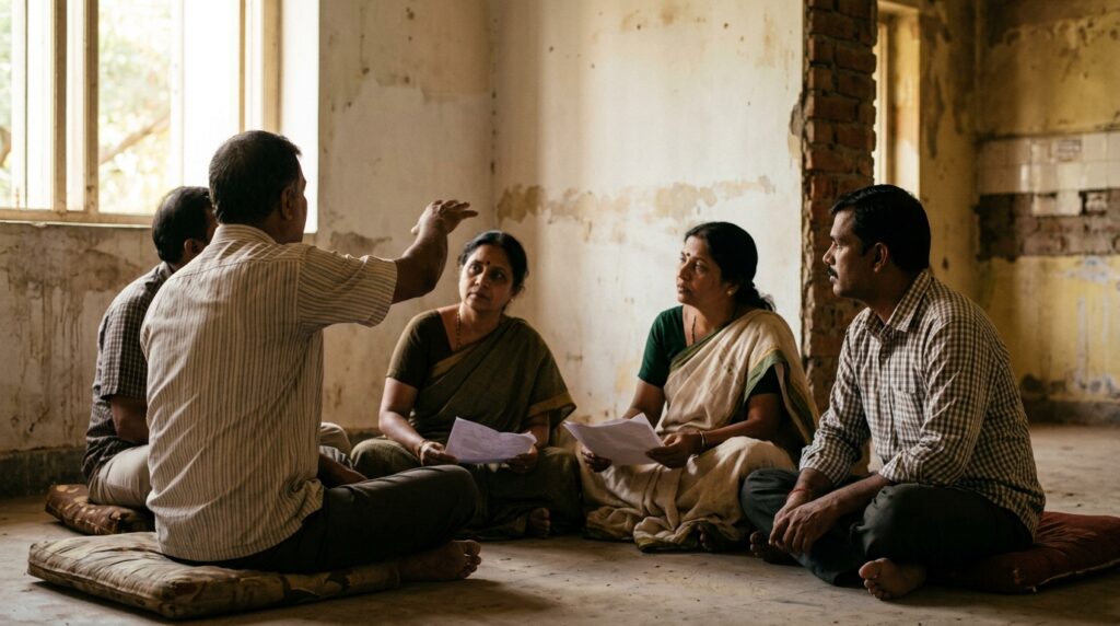 Four adult siblings are quietly seated on floor cushions in a sunlit, unfurnished room of an inherited property, thoughtfully discussing the bare walls in the late afternoon
