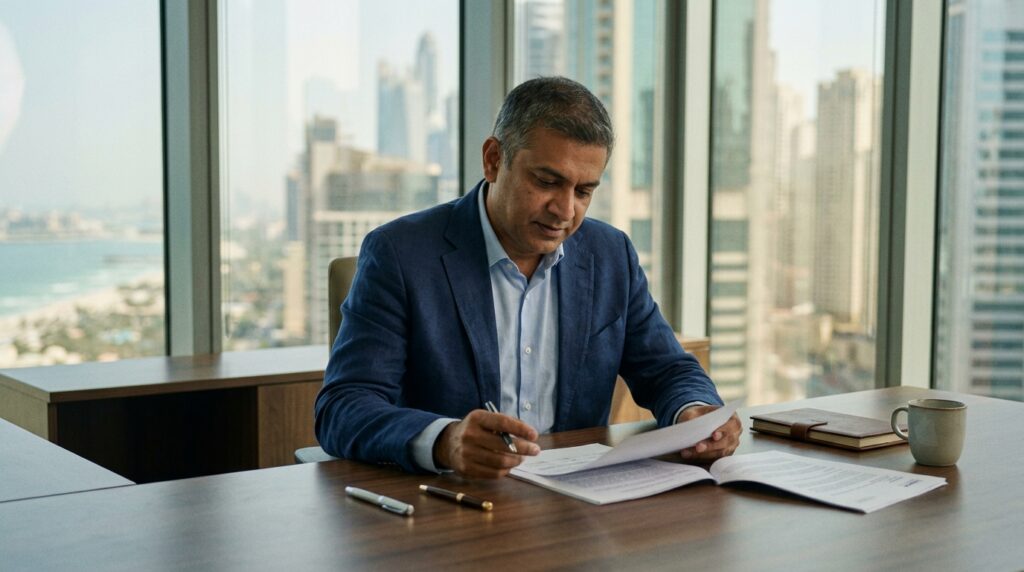 An Indian professional at a large uncluttered desk in a Dubai office, the city skyline outside, in late morning light