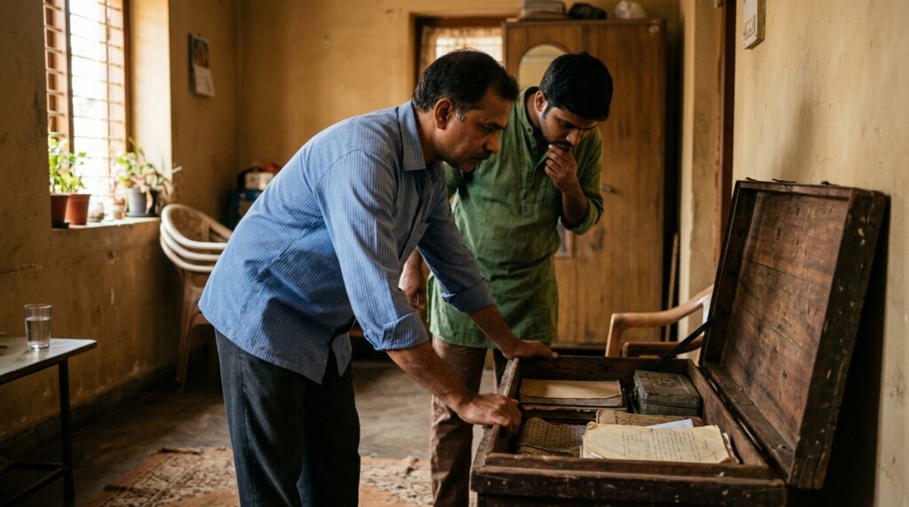 Two adult brothers, joint executors, looking into an old wooden chest in a sunlit corner of the family home