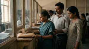 A South Indian mother and her two adult children at the District Registrar's office in Bangalore, the mother sliding a sealed cover through a slot in the wall, in bright morning light
