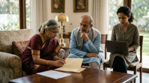 A Bangalore family at home, the mother signing her will while her daughter checks the Kaveri appointment on a laptop