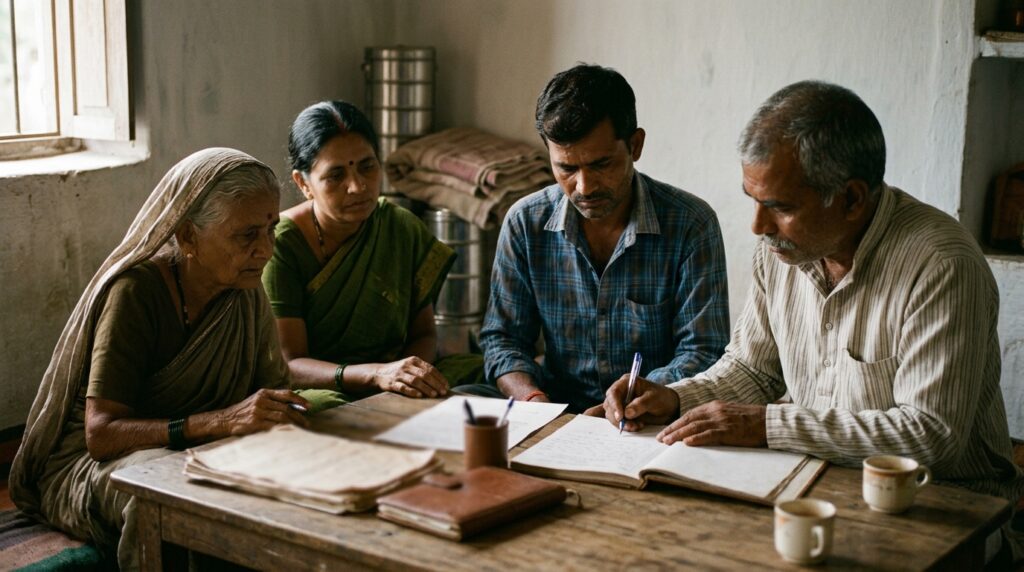An elderly woman, her adult son and two neighbours at a plain wooden table at home, one neighbour signing as a witness