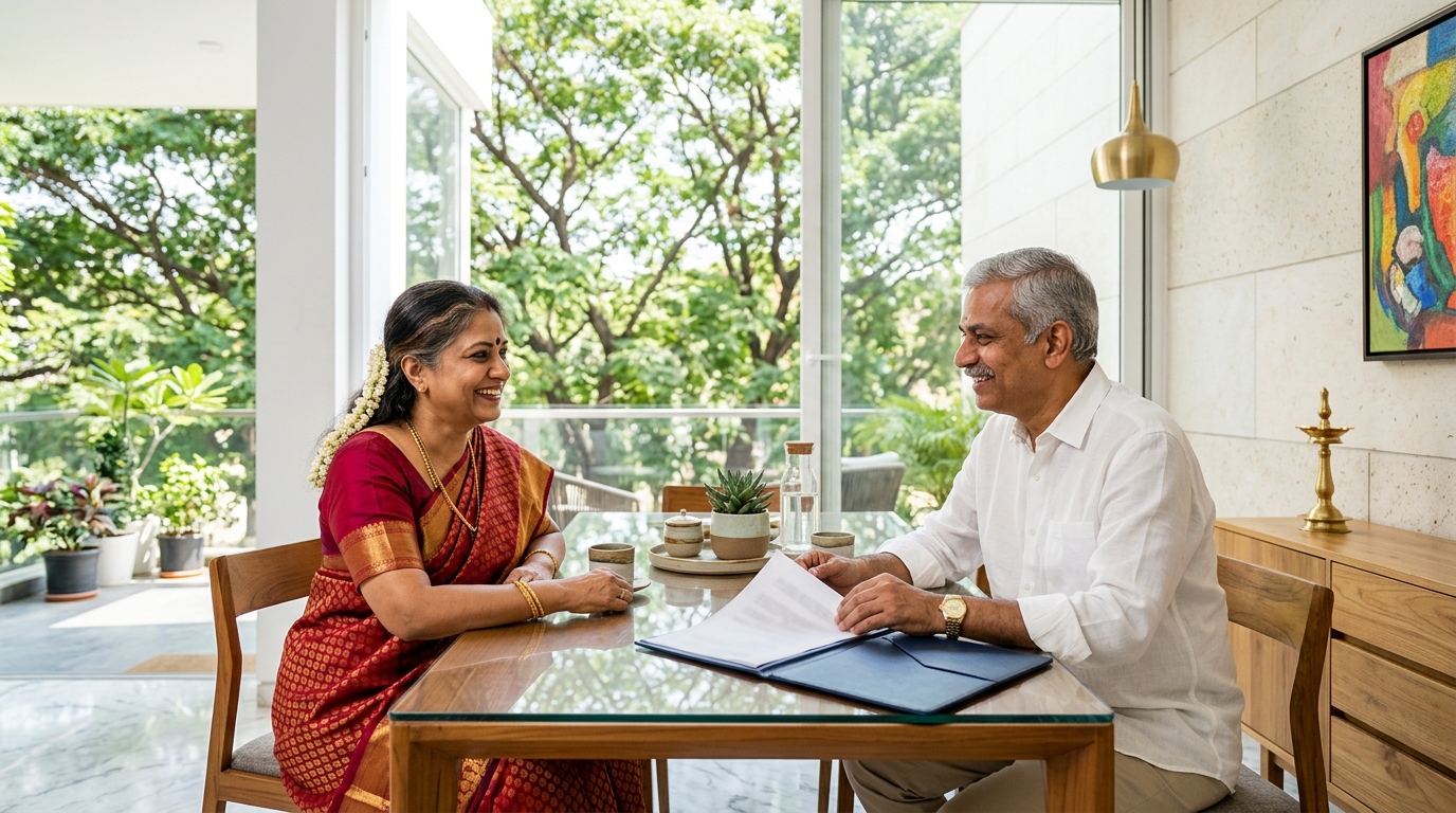 A smiling South Indian couple in their late fifties at the dining table of a bright, modern Bangalore flat, the wife in a Mysore silk saree with jasmine in her hair and the husband in a crisp linen shirt, looking at each other over a folder of papers turned away from the camera, a small brass lamp on the sideboard and tall windows onto a green canopy of rain trees in full daylight