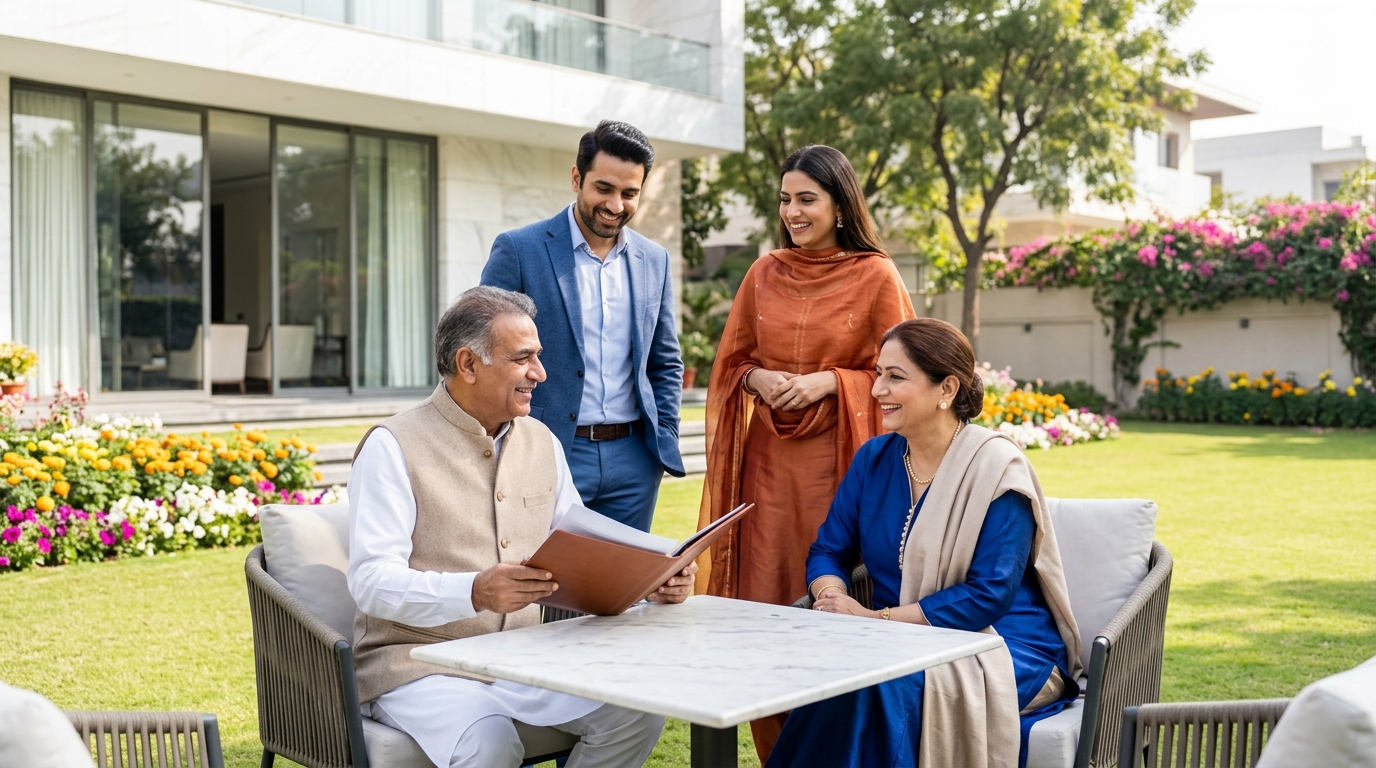 A smiling Punjabi couple in their early sixties with their grown son and daughter at a white marble table on the sunlit lawn of their grand, modern white marble South Delhi kothi on a winter morning, the father in a crisp white kurta and a beige Nehru jacket holding a leather folder of papers turned away from the camera, the mother in a rich royal blue silk salwar suit with a soft pashmina shawl and pearl studs, the family warm and relaxed together, bougainvillea over the boundary wall and beds of winter flowers around the lawn