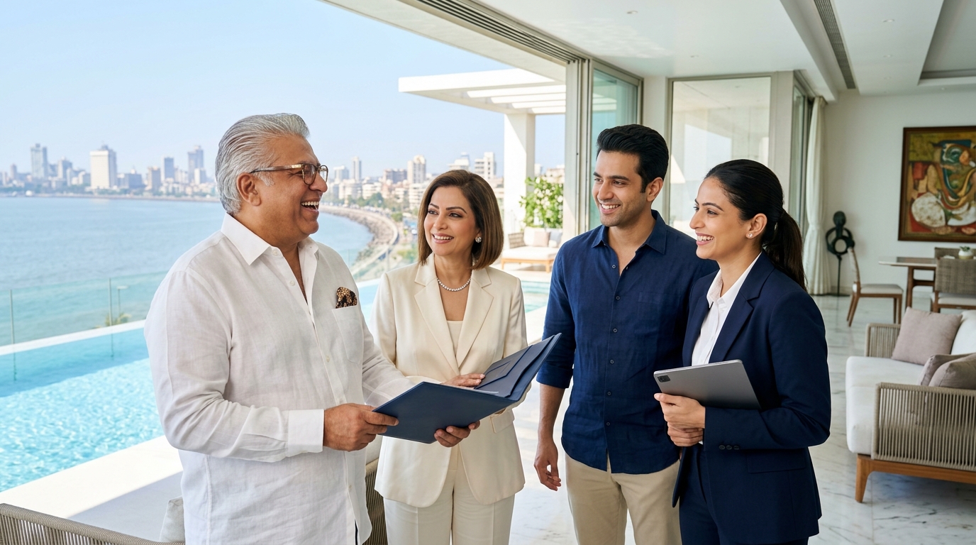 On the sunlit terrace of their Malabar Hill penthouse beside a glass edged pool, the glamorous mother in an ivory silk pantsuit and pearls and the portly father in a white linen shirt with a silk pocket square laugh with their son and their corporate daughter-in-law over the finished will in a navy folder, the Arabian Sea and the Marine Drive curve behind them
