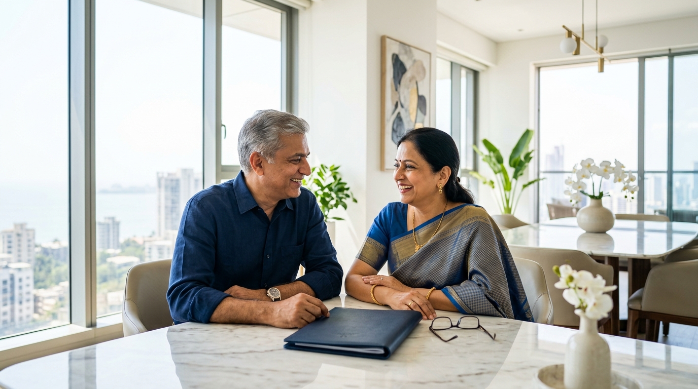 A smiling Indian couple in their late fifties sitting close together at the dining table of a bright, modern high rise apartment, looking at each other over a folder of papers turned away from the camera, floor to ceiling windows and the city in full daylight behind them
