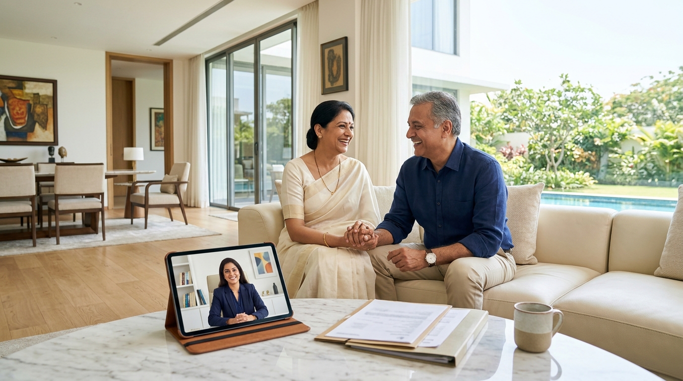 A smiling Indian couple in their late fifties on the sofa of their bright, modern flat, talking to their WillJini advocate on a video call on a tablet on the coffee table, papers neatly beside them