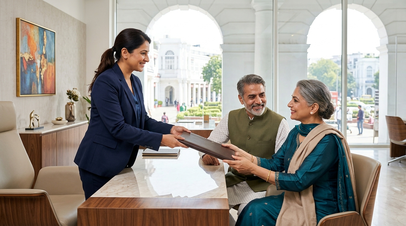 A confident North Indian woman advocate in her forties in a tailored navy blazer handing a finished will in a slim leather folder to a smiling Punjabi couple in their sixties across a polished desk in a bright, elegant law office in Connaught Place, the wife in a silk salwar suit and pashmina shawl and the husband in a Nehru jacket, both visibly relieved and pleased, tall arched windows onto the white colonnades of Connaught Place behind them
