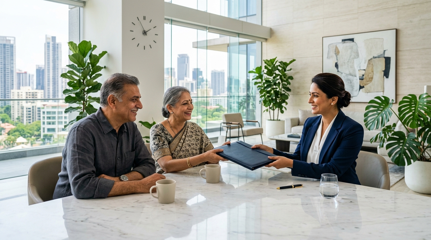 A confident Indian woman advocate in a tailored navy blazer handing a finished will in a slim leather folder to a smiling couple in their sixties across a white marble table in a bright, modern law office with a city skyline behind them