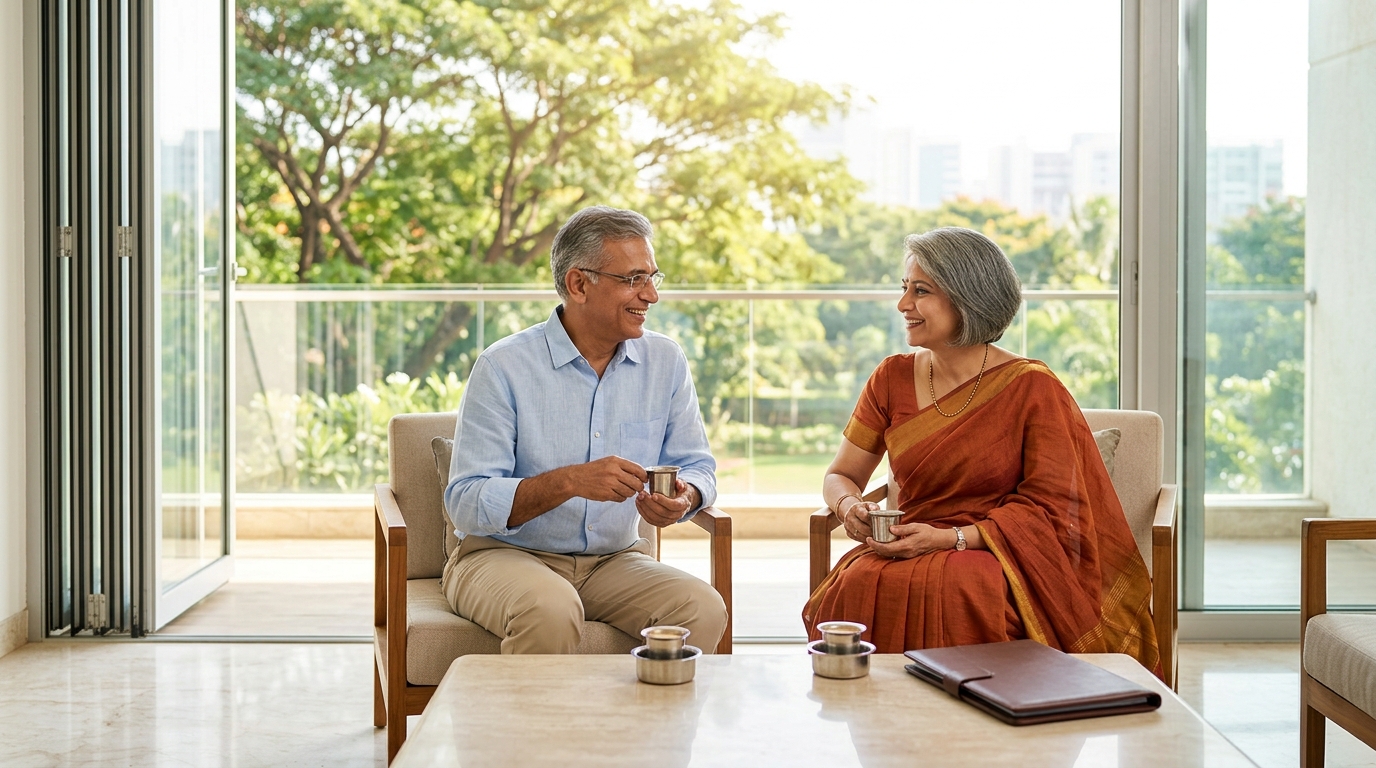 A distinguished Indian couple in their late fifties on the wide balcony of a modern Bengaluru flat that looks onto green rain trees: the husband in a pale linen shirt and thin rimmed glasses, the wife in a cotton handloom saree with short greying hair, the signed will in a slim leather folder on the table beside two small steel cups of filter coffee, soft morning light
