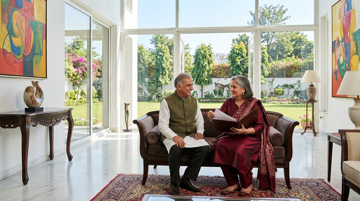 A well dressed Punjabi couple in their sixties in the grand, sunlit drawing room of their South Delhi home, the wife placing the signed will into a slim leather folder while her husband in a Nehru jacket looks on, ivory walls, a white marble floor, a carved dark wood console, a large Persian carpet and modern Indian paintings, tall glass doors open onto a wide winter lawn
