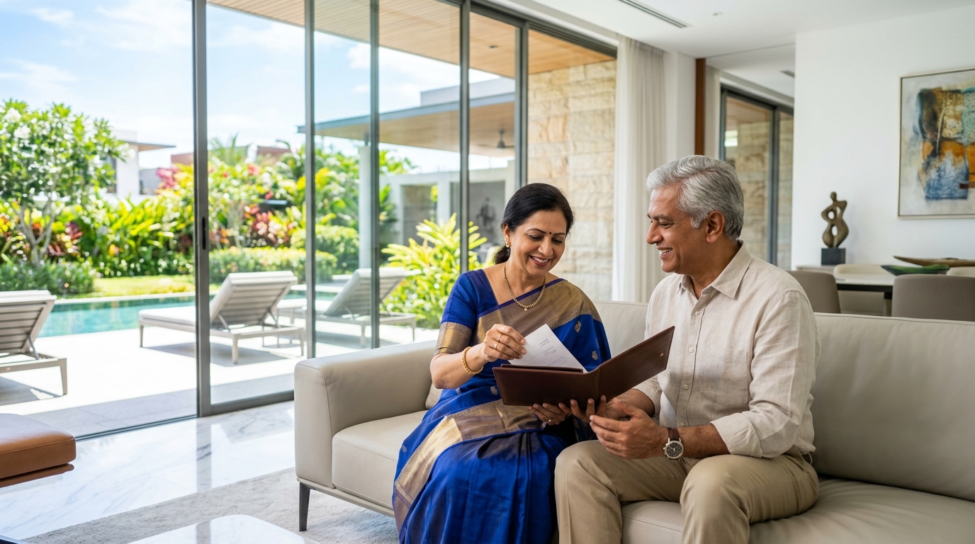 A well dressed Indian couple in their sixties smiling in the bright, elegant living room of their modern home, the wife placing a signed document into a slim leather folder while her husband looks on, a sunlit garden through the glass behind them